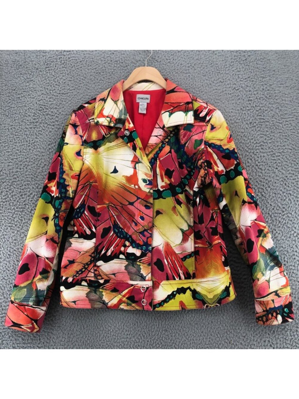 Chicos Jacket Women 1 US Medium Red Yellow Butterfly Wing Blazer Pockets Stretch